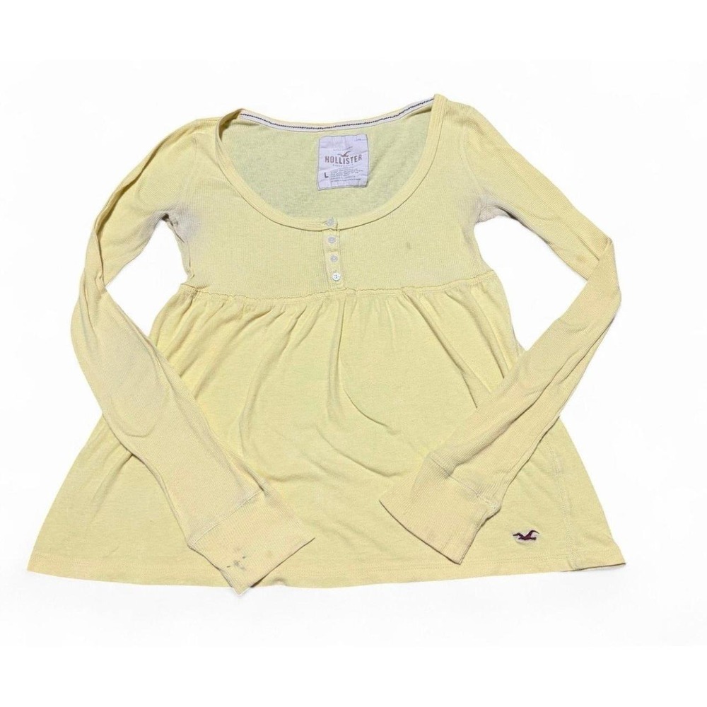 Y2k Hollister Women's Large Yellow Ribbed Babydoll Henley Long Sleeve Top